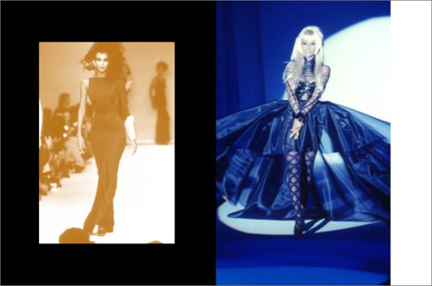 Two fashion images: one of Iman on a runway in a dark, elegant gown, and another of a model in a dramatic, wide blue gown on a stage.