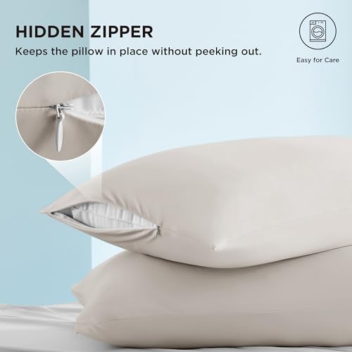 Bedsure Cooling Pillow Cases, Zipper Pillow Cases Standard Size Set of 2, Cool Pillowcases for Hot Sleepers and Night Sweats, Silky Soft & Breathable Cold Pillow Covers, Gift, Beige, 20x26 Inches