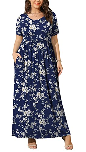 BISHUIGE Plus Size Maxi Dresses for Women Summer Casual Short Sleeve Long Dress with Pockets XL-6XL