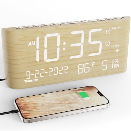Alarm Clock for Bedroom Bedside, Wooden Digital Alarm Clock with Backup Battery, USB Port, 2-100% Brightness Dimmer, Snooze, Dual Alarm with Weekday/Weekend Mode, Date, Temperature & Humidity Detect