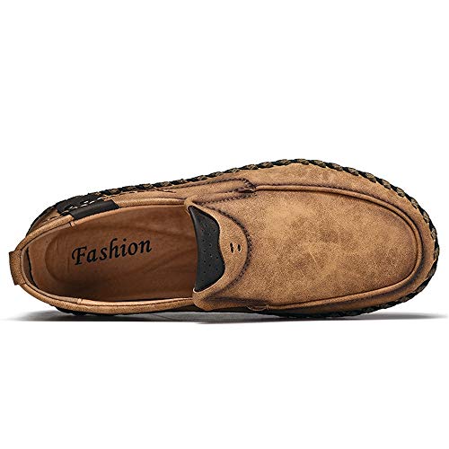 Lightweight Breathable Hand-Made Loafers for Men Microfiber Leather Anti-Slip Flat Casual Shoes Lined Slip-on Round Toe(Yellowish-Brown,10 M US)2