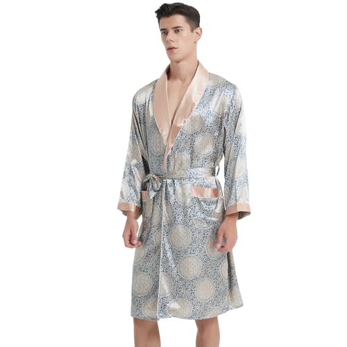 Haseil Men's Luxurious Kimono Robe with Shorts Silk Satin Bathrobes Lightweight Long Sleeve Sleepwear Set3
