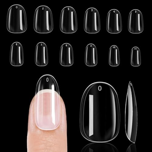 Short Round Nail Tips, 288Pcs Soft Gel Pre Filed Acrylic Almond Fake Nails, Gel Nail Tips, for Extension Manicure Salon DIY at Home 12 Sizes