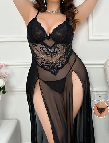 Plus Size Lingerie For Women Babydoll Sexy Mesh Maxi Nightdress Exotic Sleepwear Side Slits2