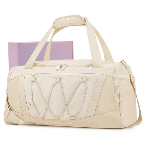MAXTOP Bolsa de viagem para mulheres, bolsa de mão para o fim de semana, bolsa esportiva de grande capacidade com compartimento para sapatos, bolsa de ginástica com separação seca e molhada, Bege