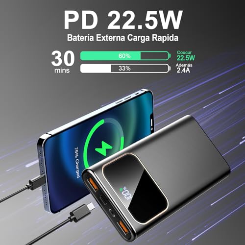 2026 Batterie Externe, 10000mAh 22.5W Power Bank, Batterie Portable USB C Input & Output PD3.0 QC4.0,Charge Rapide Powerbank à Affichage LED pour iPhone Samsung et Autres téléphone, Noir