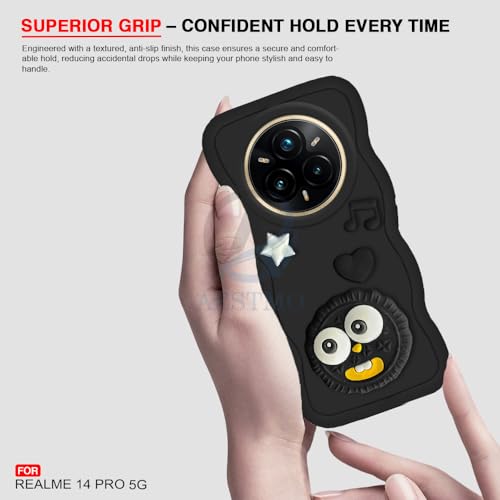 Image of AESTMO Back Case Cover for Realme 14 Pro 5G | 3D Cute Fun Cartoon Characters | Anti Slip Grip Cute Wave Curly Frame Shape | Back Cover for Realme 14 Pro 5G | (Black)