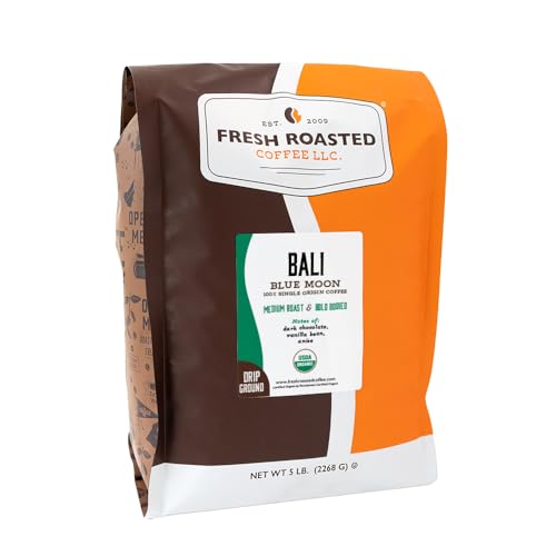 Fresh Roasted Coffee, Organic Bali Blue Moon Drip Ground Coffee, Medium Roast, USDA Organic, Kosher, 5 lb (80 oz)