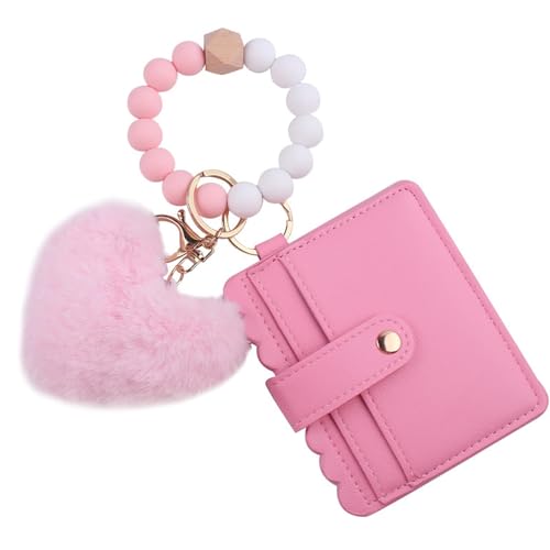 Image of KummerSaprk Heart Wallet Wristlet Keychain Boho Beaded Leather Pom Pom Purse for Women Valentines Day Gifts for Her