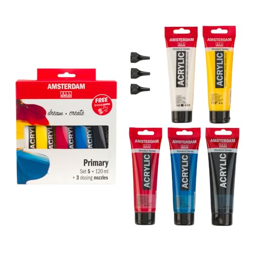 Amsterdam Standard Series Acrylic Paint Mixing Set (5 x 120 ml Tubes) | Primary Colors + Black & White | + 3 Free Dosing Nozzles