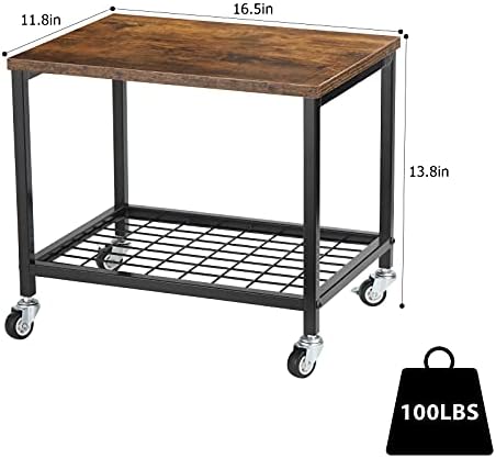 Printer Stand with Wood Storage Shelf, 2 Tier Under Desk Printer Cart with Swivel Wheels, Multifunctional Desktop Fax Stand Organizer with Metal Shelf, Mobile Rolling Cart for Home Office, Brown