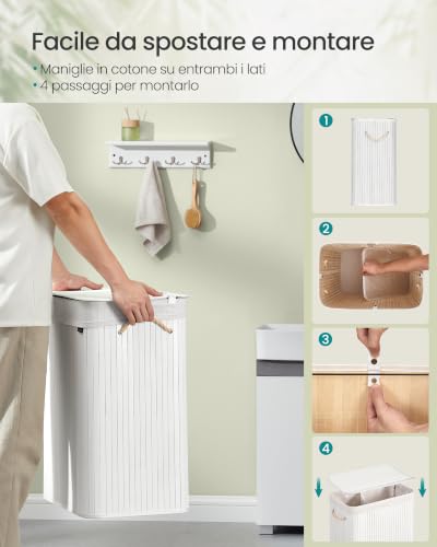 SONGMICS Cesto Portabiancheria, 100 L, Cesta Biancheria a 2 Scomparti in Bambù, Coperchio, Maniglie, Pieghevole, Sacco Rimovibile e Lavabile in Lavatrice, Lavanderia, Casa, Bagno, Bianco LCB64WT - Immagine 5
