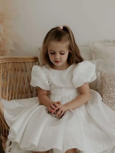 Satin Flower Girl Dress for Wedding Bow-Knot V-Back Dresses Puff Sleeve Jewel Neck Princess Party Long Ball Gowns2