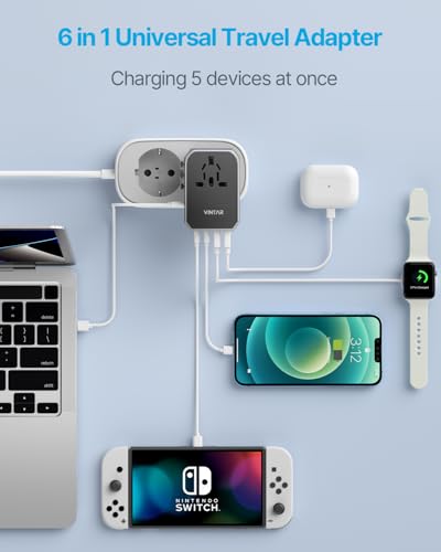 Image of Universal Travel Adapter, VINTAR 70W GaN International Power Adapter with 5 USB Ports (3 USB-C), All-in-one Travel Essentials Plug Adaptor, Travel Adapter Worldwide for UK /EU /USA /AUS, Black