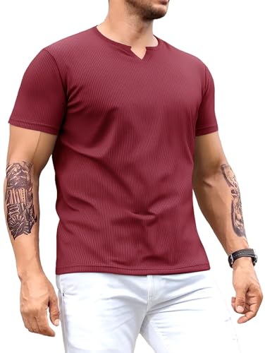 Muscle Cmdr Uomo Slim Fit Scollo a V Camicie Casual Manica Corta Muscolo Henley T-Shirt Top Business Elegante Rosso L