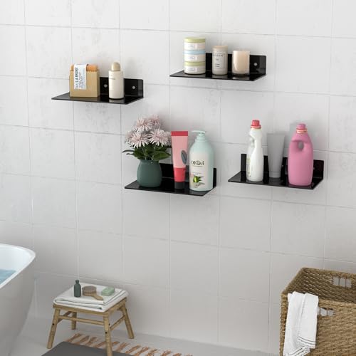 Image of 12 Inches Black Wall Shelves Set of 4, Acrylic Floating Shelf for Wall, Wall Mounted Display Shelf for Bedroom, Living Room, Funko Pop Shelves, Smart Speaker, 4 Pack
