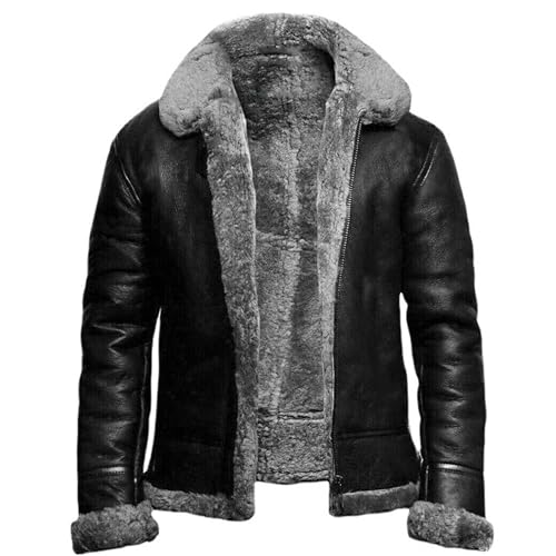 Men's Classic Vintage Motorcycle Sherpa Leather Jacket Winter Warm Thicken Overcoat Fur Collar Fuzzy Leather Coat2