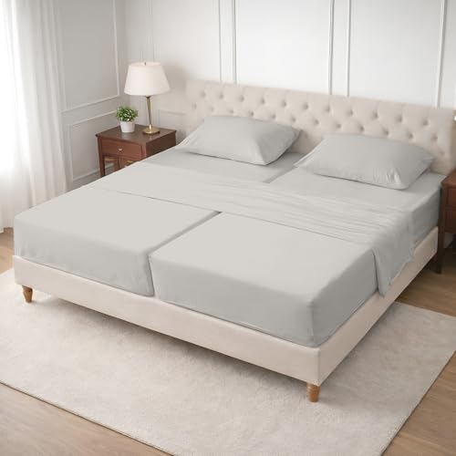 Image of SGI Split King Sheet Set for Adjustable Bed Egyptian Premium Cotton 600 Thread Count Sheets for Sleep Number Bed 15 inch Deep Pocket 5 Pc Set with 2 Twin XL Fitted Sheets Soft Breathable -Light Grey