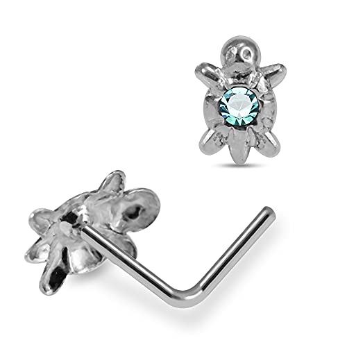 Light Blue Crystal Stone Turtle Design 22 Gauge 925 Sterling Silver L Shape Nose Pin - Nose Stud - Tiny Nose Ring - Nose Piercing Body Jewelry