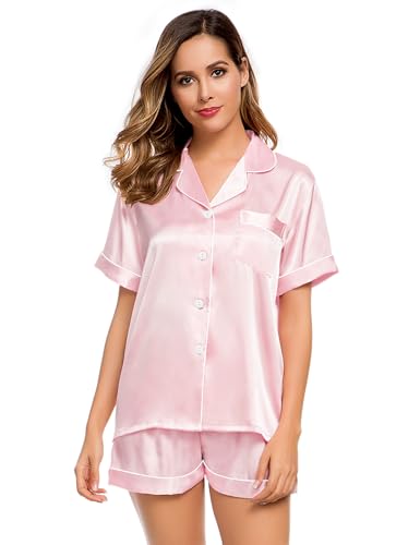 Image of LecGee Womens Silk Satin Pajamas Short Sleeve Loungewear Two-Piece Sleepwear Button-Down Pj Set