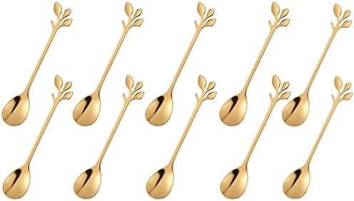 10pcs Coffee Sugar Spoons Stainless Steel Leaf Dessert Spoons for Stirring Mixing Milk Creative Cake Espresso Ice Cream Teaspoons Tableware by RuiChy, Gold