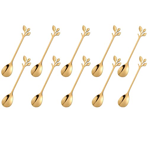 10pcs Coffee Sugar Spoons Stainless Steel Leaf Dessert Spoons for Stirring Mixing Milk Creative Cake Espresso Ice Cream Teaspoons Tableware by RuiChy, Gold