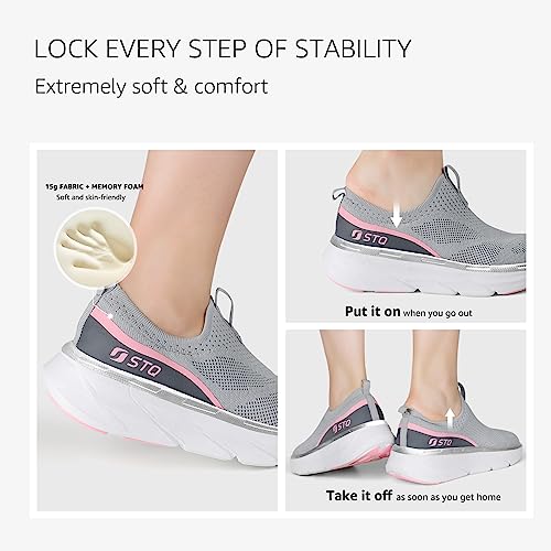 Stq Slip On Sneakers Women Breathable Walking Shoes Arch Support Tennis Shoes Laceless Running Shoes With Thick Sole Grey Pink 6 Us #TOP3