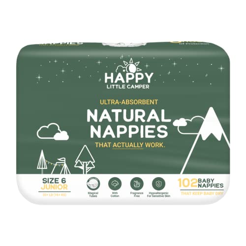 Happy Little Camper Pañales desechables naturales hipoalergénicos ultraabsorbentes para bebés, protección sin cloro para pieles sensibles, Junior, tamaño 6, 17/102 unidades