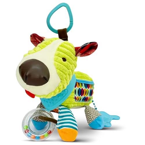 Image of Maple Toys - 6-in-1 Multi-Sensory Plush Toy with Teethers, Rattles, Crinkle Paper, Texture Tabs and Cute Bell Sounds, Removeable Hook for Crib/Stroller, Great Gift for Birthdays/Baby Showers (Puppy)