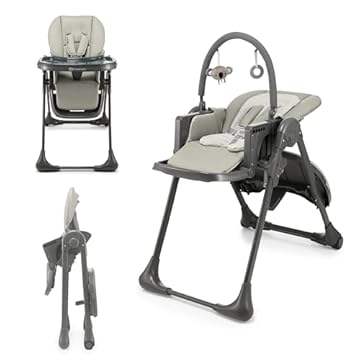 Kinderkraft TUMMIE Seggiolone 2 in 1, Ergonomico, Confortevole, Reclinabile, Pieghevole, con Altezza Regolabile e Poggiapiedi, Vassoio Staccabile, per Bambini, con giocattoli, Grigio