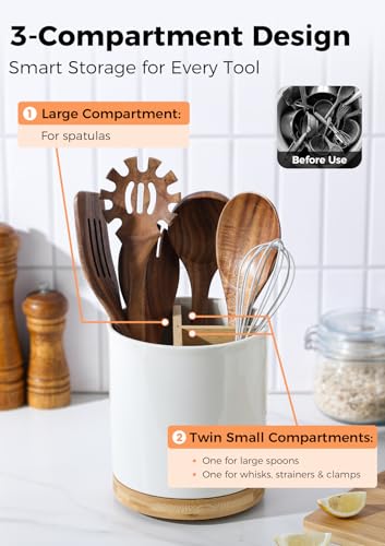 Image of LoeJan 3 Compartment Utensil Holder, Extra Large Utensil Crock, Stable Ceramic Utensil Organizer, Cooking Tool Organizer Set for Kitchen Counter Farmhouse Decor (C-White(Grossy))