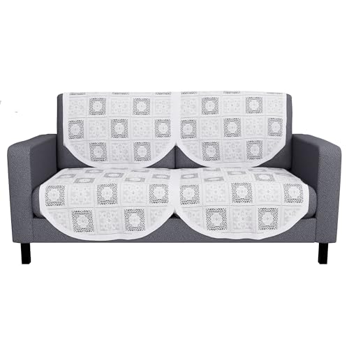 Image of Kuber Industries (Set of 4) Stylish & Durable Cotton Sofa Covers 2 Seater | Washable Sofa Protector /Mat & Slipcover for Hall, Living Room & Office | Square Flower - White