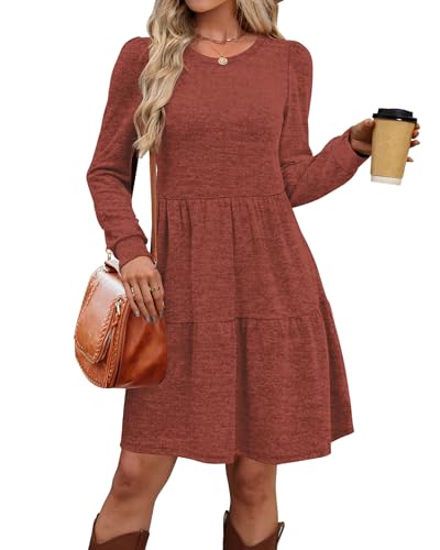 OFEEFAN Womens Long Sleeve Fall Dresses with Pockets Crew Neck Babydoll Casual Winter Dress 20252