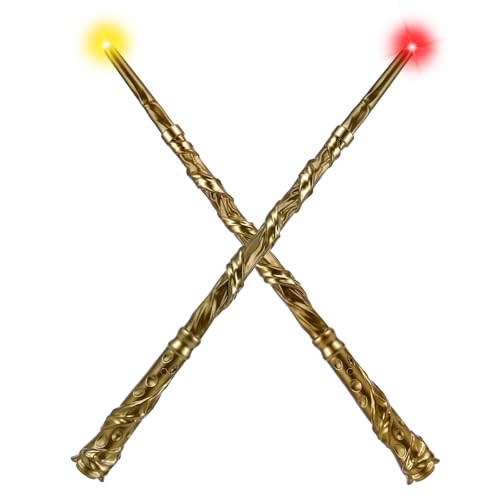 KingVows Light Up Magic Wizard Wand with 4 Color Lights & Sound Illuminating Witch Sorcerer Toys for Kids Roleplay and Party Fun, Golden, 2 Pack