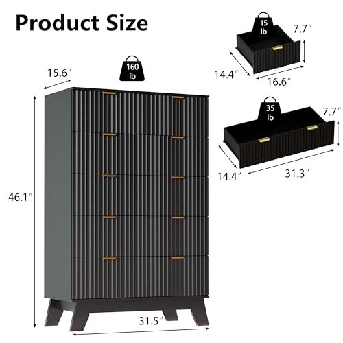 Image of Black Dresser for Bedroom with 6 Drawer, 46 inch Tall Fluted Wooden Dresser Storage Cabinet and Chest of Drawers with Metal Handle, Storage Organizer for Living Room, Hallway, Entryway