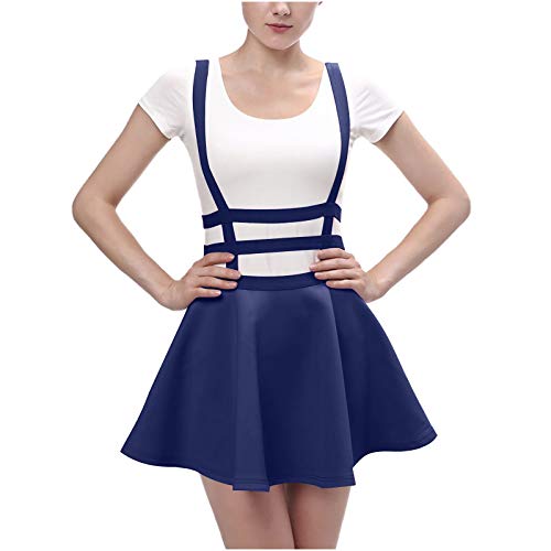 QZS Women s Braces Skirt Solid A-Line Suspender Mini Skirt Casual Straps High Waist Suspender Skirt Kawaii Braces Skirt Navy
