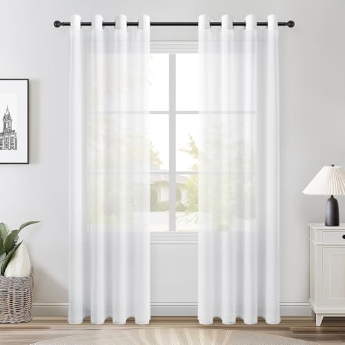 Topfinel Voile Vorhänge Leinenstruktur mit Ösen Durchsichtig Einfarbig für Fenster Wohnzimmer Schlafzimmer Moderne und Elegante Gardine 2er Set je 260x140cm (HxB) Weiß