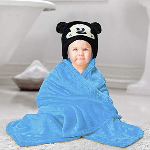 KASSY POP CURATED JUST FOR YOU Cartoon Hooded Microfiber Fleece Baby Blankets Cum Bath Towels/Robes, 30 x 40 inches, 0-2 Yrs, Blue