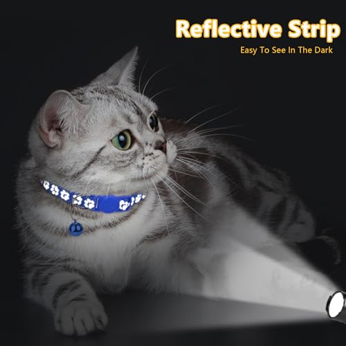Image of Taglory Reflective Cat Collar Personalized with Name and Number, Cat Collars Breakaway with Bell and ID Tag, 7.5-12.5 inch Navy Blue