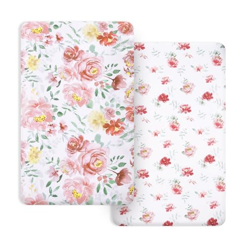 Image of PHF Soft Mini Crib Sheet Set, 2 Pack Silky Comfy Pack N Play Sheets for Girls, Universal Fit for Pack N Play, Playard and Mini Crib Mattresses, Watercolor Floral
