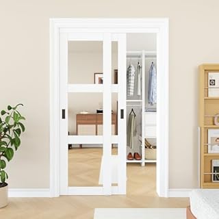 Bypass Mirrored Closet Door 48" x 80", 3-Lite Mirror Sliding Doors for Bedroom with Hardware Kit & Floor Guide, Paintable Interior Door Pre-Drilled for Easy Assembly