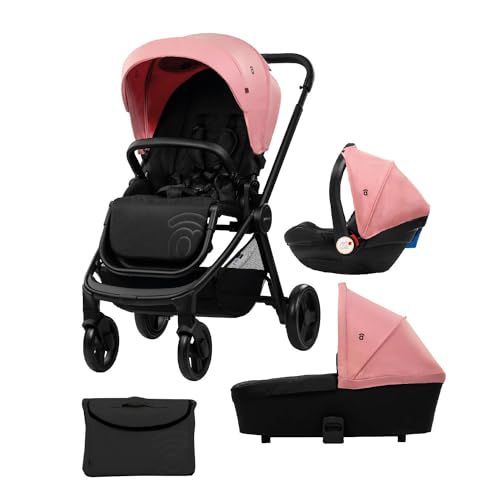 Asalvo GENIUS 2 Trio convertible 3 en 1, poussette, landau, siège auto, confortable, sûr, capote extensible, suspension sur les roues, frein arrière, charge maximale 23 kg, rose