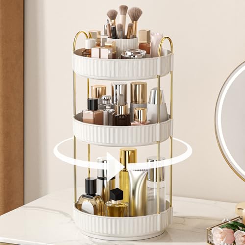 Image of 360 Rotating Makeup Organizer, Upgraded 3 Tier Skincare Perfume Organizers for Women, Bathroom Organizer Countertop, Clear Cosmetic Dresser Organizer with Makeup Brush Holder, Sink&Counter(White)