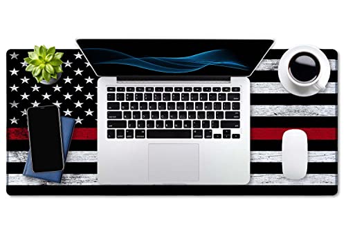 Image of SSOIU Extended Gaming Mouse Pad (35.5x15.7 in), Large Stable Rubber Base Mousepad with Stitched Edges, Keyboard Mouse Mat Desk Pad for Work, Game, Office, Home - Fire Fighter Thin Red Line Flag