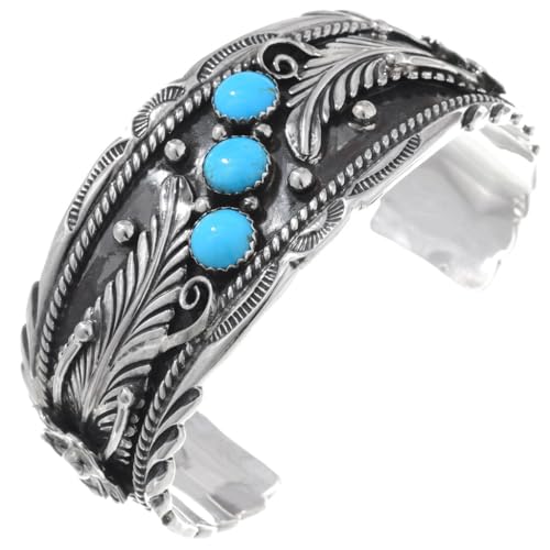 Alltribes Navajo Blue Kingman Turquoise Silver Bracelet Sterling Flower Leaves