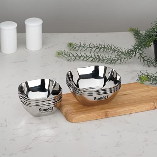 Image of Sumeet Heavy Gauge Stainless Steel Apple Square Bowl /Wati /Katori with Mirror Finish, Combo set of 12pc, 8cm & 9.5cm Dia, 180ML & 200ML (Each 6Pc) - Silver