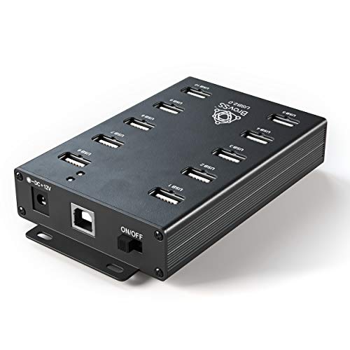 BrovSS: 10 Ports USB 2.0 Powered Hub - USB Extension Splitter with 12V 5A 60W Power Adapter. Connect up to 10 Electronics and USB peripherals. (Black)