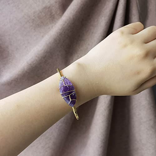 Amethyst Bangle Bracelet, Gold Plated Wire Wrap Natural Purple Crystal February Birthstone Bracelet Cuff For Women, Handmade Adjustable Irregular Raw Gemstone Large Wrists, 0.8’’~1.4’’ #TOP5