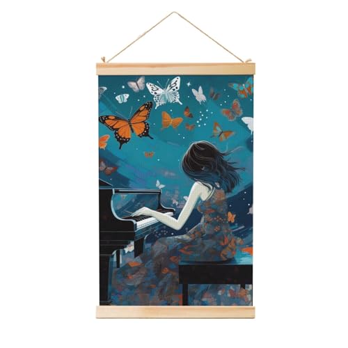Poster mural fille jouant du piano grand format 91x61 cm avec cadre bois salon