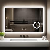 GIMBELEN LED Badezimmer Spiegel mit Uhr 100 x 60 cm, 3 Lichtfarben, Dimmbar, 3-facher Vergrößerung, Anti-Beschlag, Speicherfunktion, IP44 wasserdicht